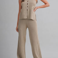 Ribbed Knit Lounge Set – Sleeveless Button Top & Wide Leg Pants