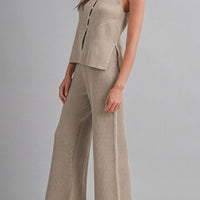 Ribbed Knit Lounge Set – Sleeveless Button Top & Wide Leg Pants