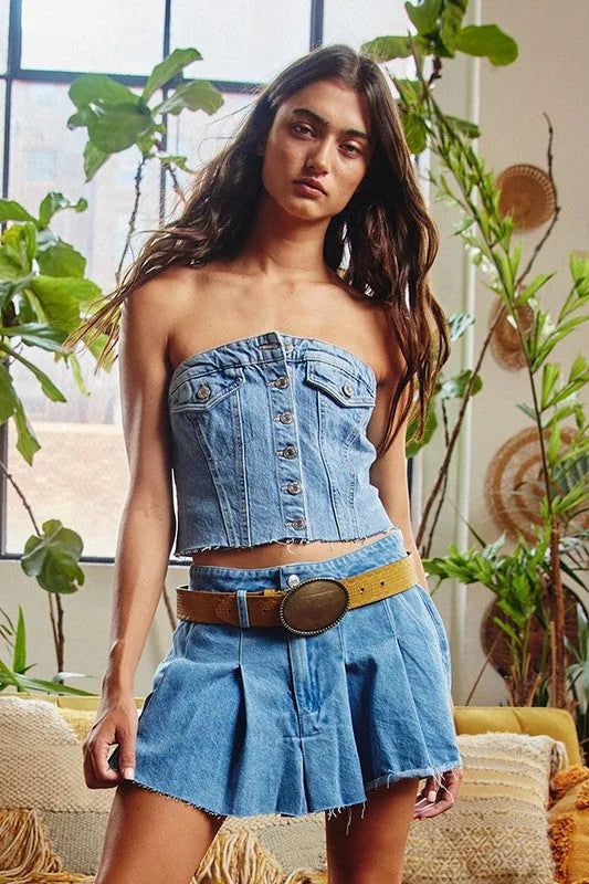 Pleated Denim Mini Skirt - Blue | Evercado