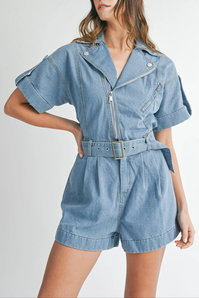 Moto Collar Denim Romper