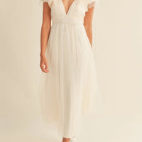 Tulle V neck Ruffle Sleeve Midi Dress