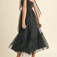 Polka Dot Mesh Tie Shoulder Midi Dress