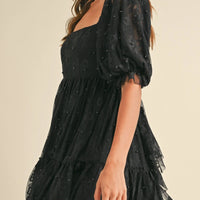 Jacquard Bow & Pearl Detail Mesh Dress