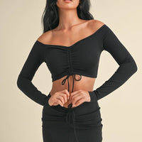 Ruched Off Shoulder Long Sleeve Crop Top