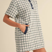 Collared Plaid Tweed Mini Dress