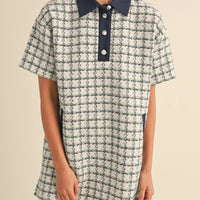 Collared Plaid Tweed Mini Dress