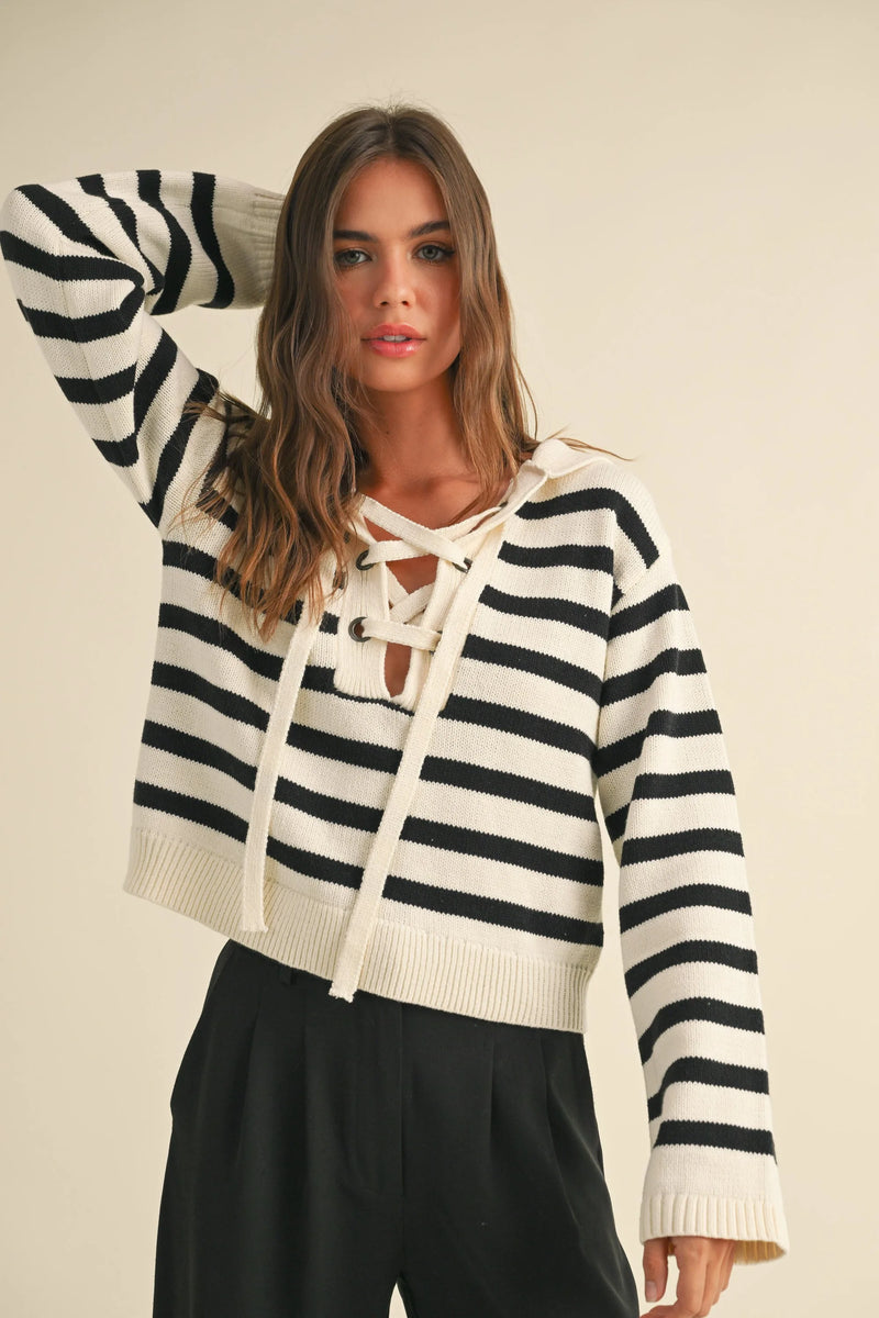Striped Lace-Up Sailor Collar Sweater – Nautical Chic | Evercado