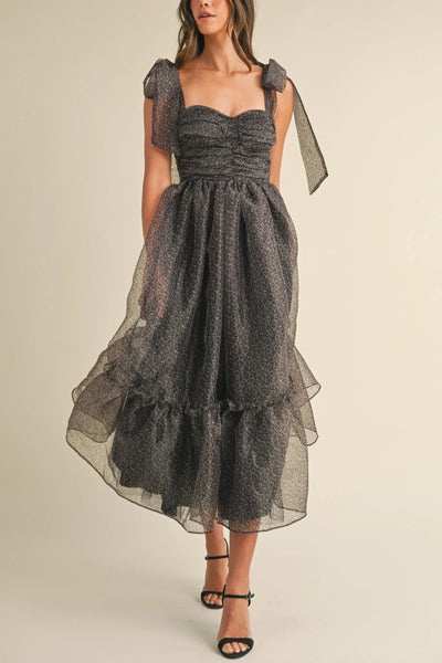 Leopard Print Tie Shoulder Organza Maxi Dress