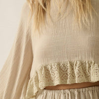 Boho Crochet Lace Ruffle Bell-Sleeve Cropped Top