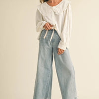 Drawstring Wide-Leg Denim Pants