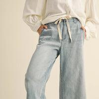Drawstring Wide-Leg Denim Pants