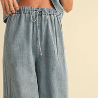 Drawstring Denim Wide-Leg Pants with Side Ties