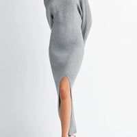 Off-Shoulder Ribbed Knit Sweater Dress with Side Slit