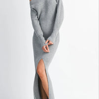 Off-Shoulder Ribbed Knit Sweater Dress with Side Slit