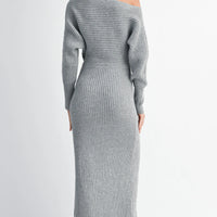 Off-Shoulder Ribbed Knit Sweater Dress with Side Slit