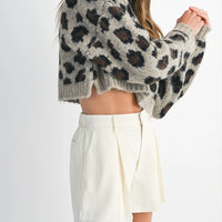 Fuzzy Leopard Print Cropped Sweater