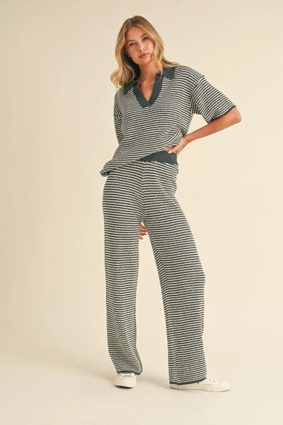 Striped Collared Knit Top & Wide Pants Set