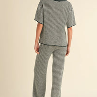 Striped Collared Knit Top & Wide Pants Set