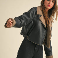 Faux Leather Sherpa Collar Jacket