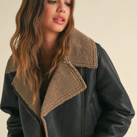 Faux Leather Sherpa Collar Jacket