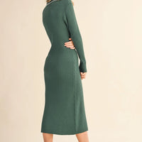 Ribbed Knit Midi Dress with Contrast Stitch Collar
