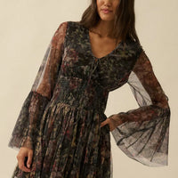 Floral Tulle Bell Sleeve Mini Dress