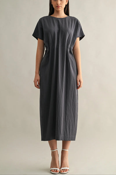 Minimal Short Sleeve Midi Dress with Waist Dart Detail