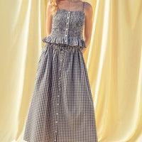 Gingham Button-Front Midi Skirt with Drawstring Waist