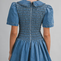 Smocked Peter Pan Denim Mini Dress