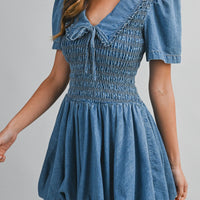 Smocked Peter Pan Denim Mini Dress