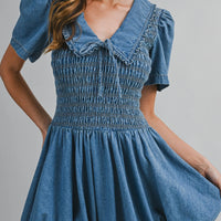 Smocked Peter Pan Denim Mini Dress