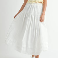 White Tiered Midi Skirt with Elastic Waist & Lace Hem