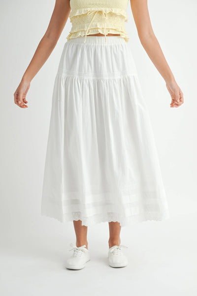 White Tiered Midi Skirt with Elastic Waist & Lace Hem