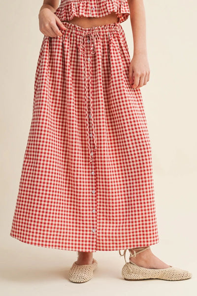 Gingham Button-Front Midi Skirt with Drawstring Waist
