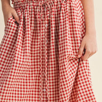 Gingham Button-Front Midi Skirt with Drawstring Waist
