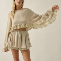 Boho Crochet Lace Ruffle Bell-Sleeve Cropped Top