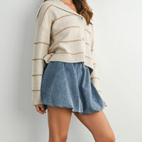 Stripe Button-Up Knit Collared Top