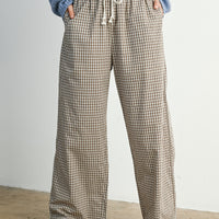 Brown gingham check wide leg pants with elastic drawstring waist