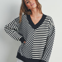 Checker V neck Cozy Sweater