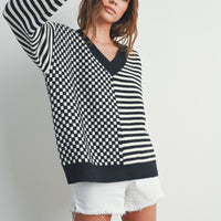 Checker V neck Cozy Sweater