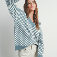 Checker V neck Cozy Sweater