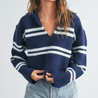 Stripe Cozy Collared Crop Sweater