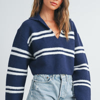 Stripe Cozy Collared Crop Sweater