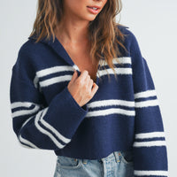 Stripe Cozy Collared Crop Sweater