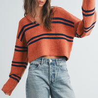 Stripe Cozy Collared Crop Sweater