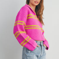 Stripe Cozy Collared Crop Sweater