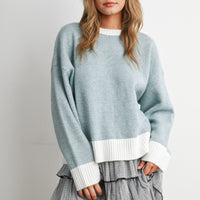 Blue and Ivory contrast ribbed trim sweater, straight front view on model