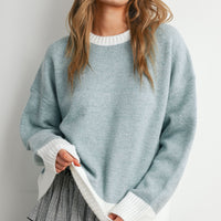 Blue and Ivory contrast-trim knit sweater, front pose on model