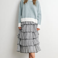 Blue and Ivory relaxed knit sweater, full-length front view on model