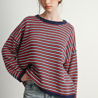 Navy Multi striped relaxed crew neck sweater, front view on model